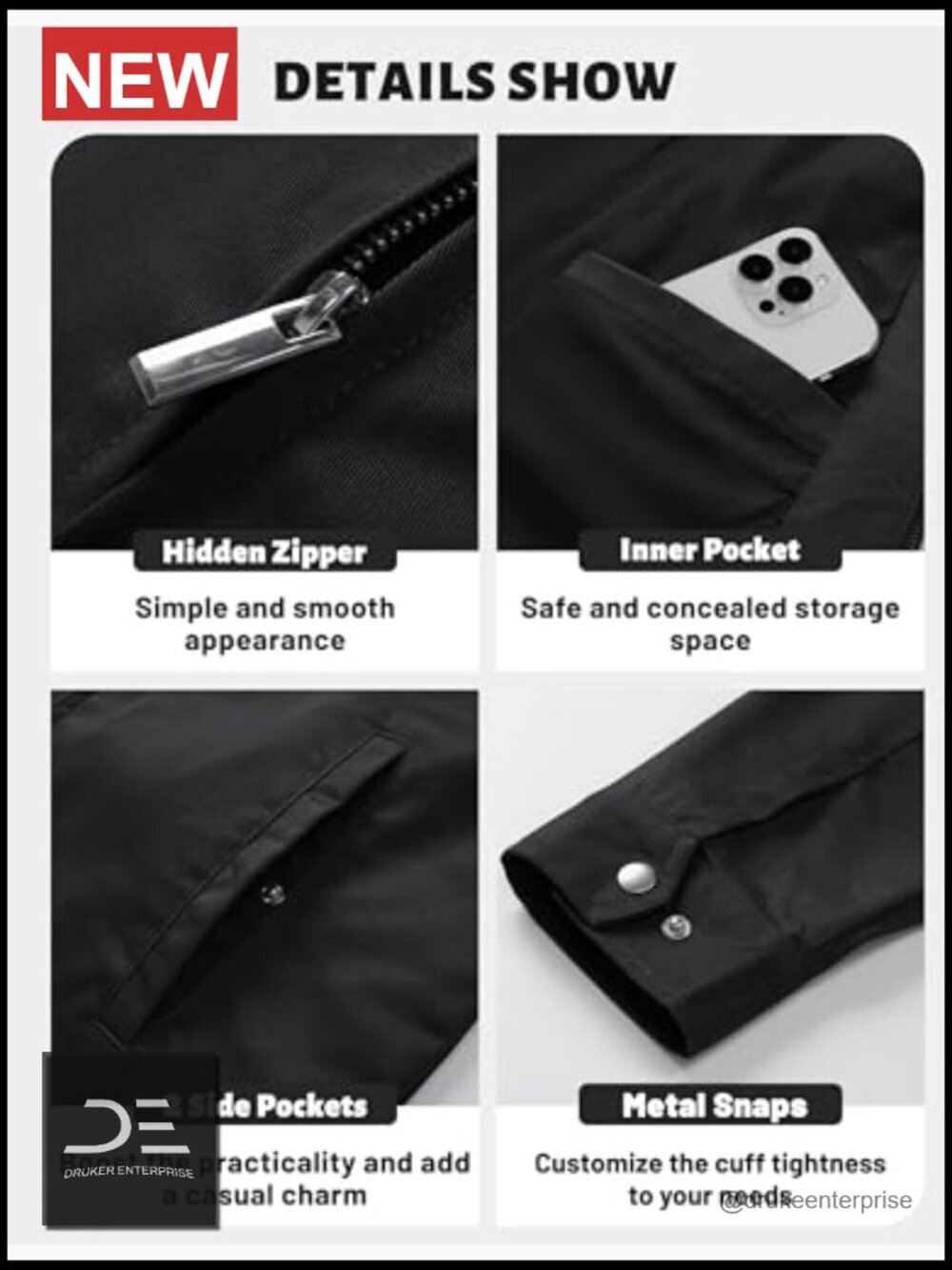 Full Zip Up Work Jacket Turndown Collar Business Casual Windbreaker with 3 - Picture 6 of 7